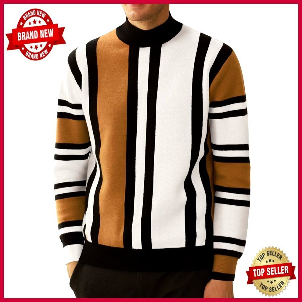 Mens Striped Turtleneck Pullover Ultra-Soft Classic Casual Warm Sweater